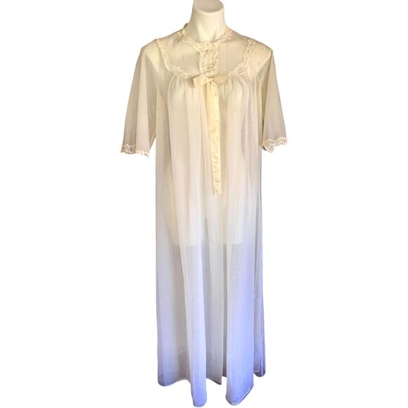 Shadowline Other - Vintage Shadowline Chiffon Robe Ivory Lace Pearl Button 1970s Peignoir Nylon S